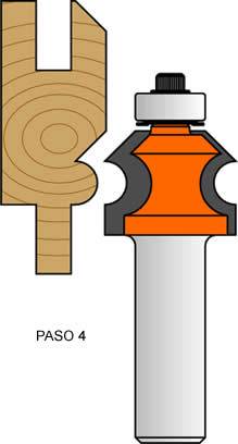 Para el cuarto y ultimo fresado, elevar la fresa para efectuar el corte del perfil redondeado, para que esta sea más alta que la espiga. Evite fresar la espiga, para no comprometer la junta dentro de la mortaja