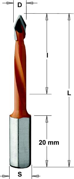 Broca para laminados y maderas que no excedan de 20 a 25 mm de taladro, agujero pasante y mango de 8 mm