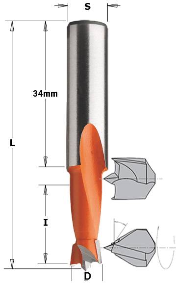 Broca para madera y laminador que realiza un agujero ciego sin astillas en la cara superior del tablero