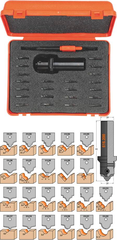 Maletin completo que incluye 1 cabezal portacuchillas + 22 cuchillas de carburo con perfiles diversos