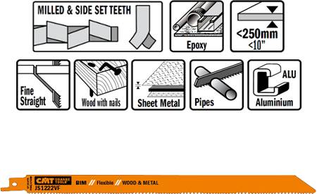 Hojas de sierras para sables bimetalicas extralargas cortes en madera hasta 250 mm y en chapas de metal desde 3 a 10