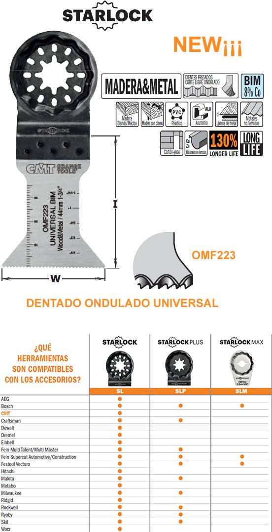 Hoja de sierra multiherramienta oscilante para madera y metal 45 mm de ancho y hasta 55 mm de profundidad