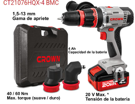 Taladro atornillador multicabezal sin cables marca Crown modelo:CT21076HQX-4BMC