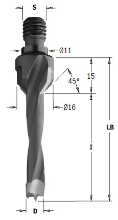 Broca para madera con avellanador a 45º para agujero ciego y mango roscado