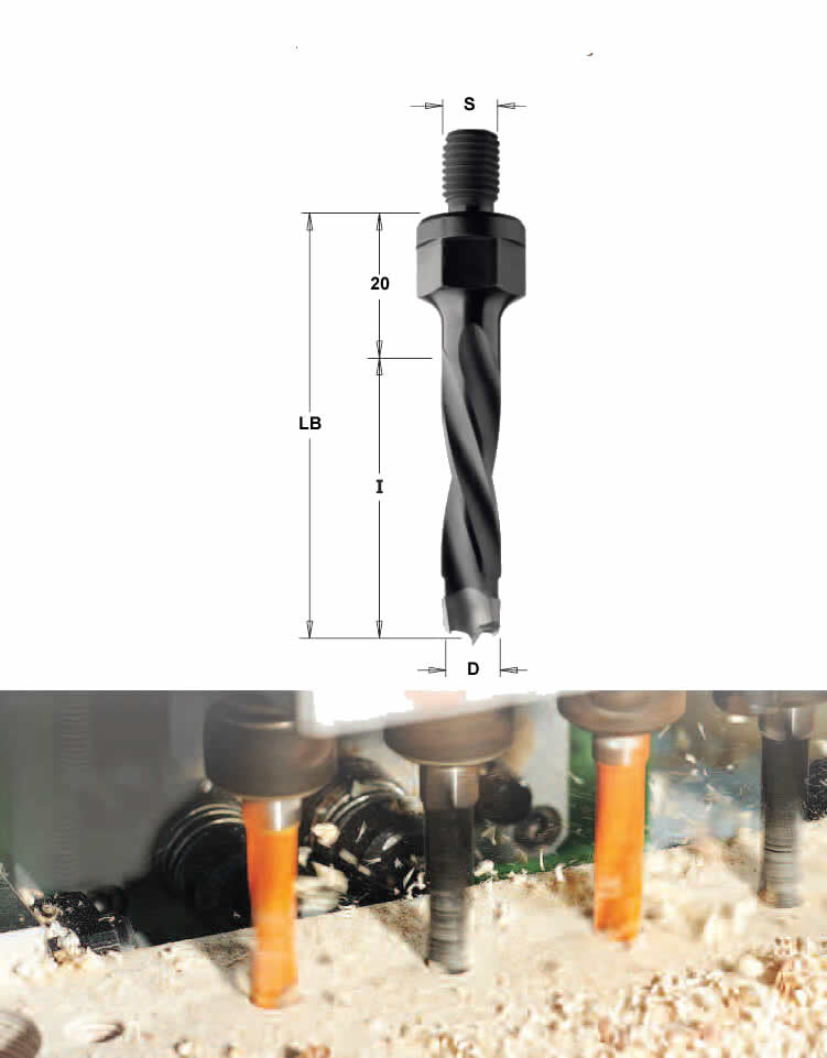 Broca con roca para madera y sus derivados que realiza un taladro ciego sin astillas, para utilizar en taladros multiples Ayen, Holzma, Knoevenagel, Mayer, Torwegge