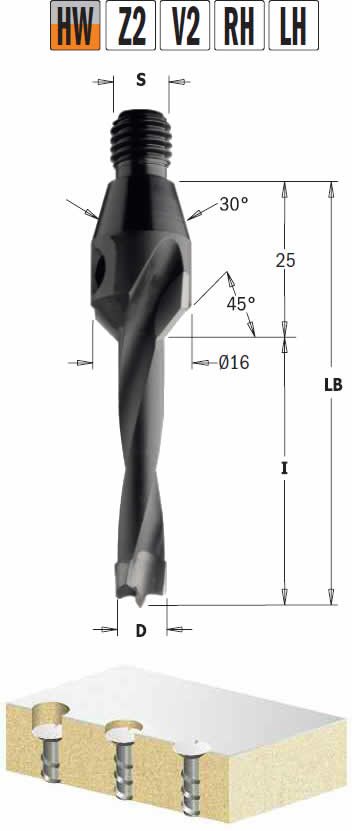 Broca con mango roscado y avellanador de 30º, para agujeros ciegos en madera y laminados