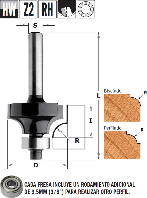 Fresa madera radio convexo con rodamiento para fresadoras