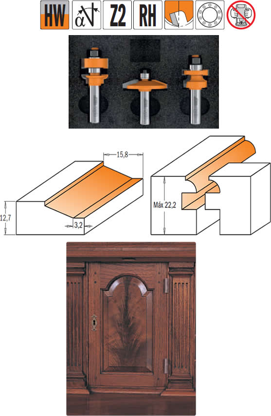 Juego de 3 fresas para realizar puertas de cocina con estilo rustico, aptas para fresadoras manuales