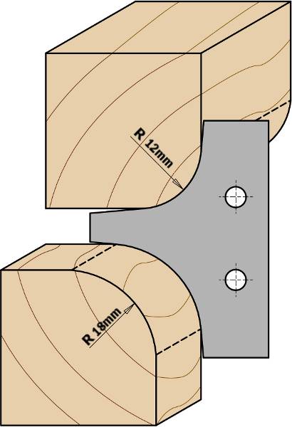 El cabezal portacuchillas estándar se suministra con cuchillas de radio 15mm y 20mm También disponibles dos juegos de cuchillas de radios 12mm y 18mm. A utilizar en máquinas tupí, combinadas y cepilladoras.