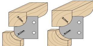 Permite el montaje de tres cuchillas distintas para la realización de radios cóncavos y convexos de 10mm (25/64"), 12mm (15/32") y 15mm (19/32"). A utilizar en máquinas tupí, combinadas y cepilladoras. Resultado excelente en todos los materiales, ideal en madera dura y paneles.