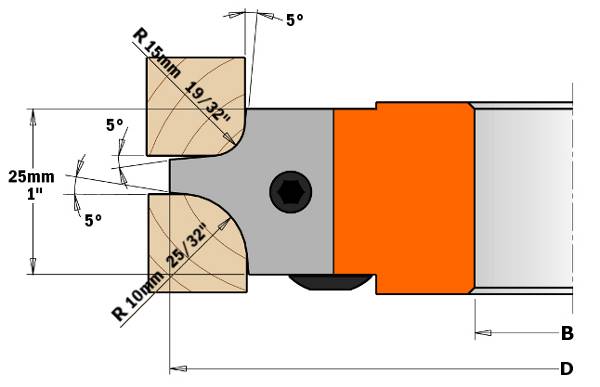 Cabezal portacuchillas que monta tres cuchillas distintas, permitiendo realizar seis perfiles de radio cóncavo. El cabezal portacuchillas estándar se suministra con cuchillas de radio 5mm (13/64") y 10mm (25/64").